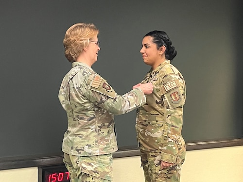 Staff Sgt. Alejandra Ortega Mejia pinned by Lt. Gen. Donna Shipton