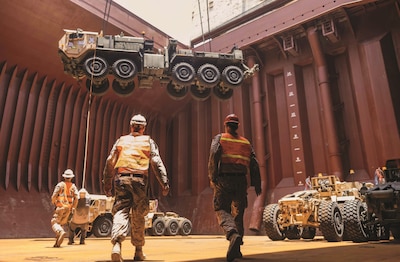 Marines with 2nd Distribution Support Battalion, Combat Logistics Regiment 2, 2nd Marine Logistics Group, conduct tactical vehicle onload at United Arab Emirates port after exercise Native Fury 24, May 28, 2024 (U.S. Marine Corps/Meshaq Hylton)