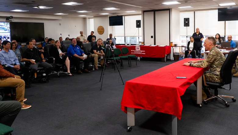 U.S. Army Corps of Engineers Los Angeles District leadership hosts a town hall Oct. 29 at the district’s main office in Los Angeles. During the event, leadership seized the opportunity to celebrate the district’s accomplishments from the past year and recognize employees.