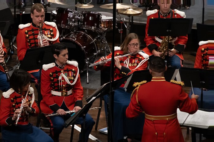 U.S. Marine Corps 1st. Lt. Jose D. Toranzo, Assistant Director of "the President's Own" United States Marine Band, conducts songs from their 2024 National Concert Tour. “The President’s Own” United States Marine Band’s mission is to perform music for the President of the United States and the Commandant of the Marine Corps. Founded in 1798 by an Act of Congress, the Marine Band is America’s oldest continuously active professional musical organization. (U.S. Marine Corps photo by Cpl. Luis A. Ponce Alavez Jr.)