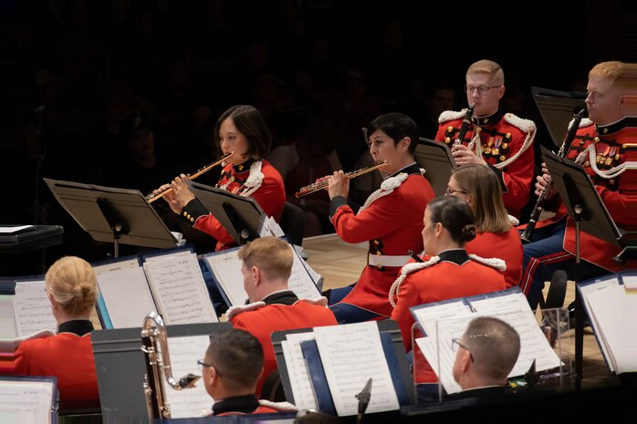 U.S. Marines with "the President's Own" United States Marine Band perform songs at their National Concert Tour on October 22, 2024, in Ogden, Utah. “The President’s Own” United States Marine Band’s mission is to perform music for the President of the United States and the Commandant of the Marine Corps. Founded in 1798 by an Act of Congress, the Marine Band is America’s oldest continuously active professional musical organization. (U.S. Marine Corps photo by Cpl. Luis A. Ponce Alavez Jr.)