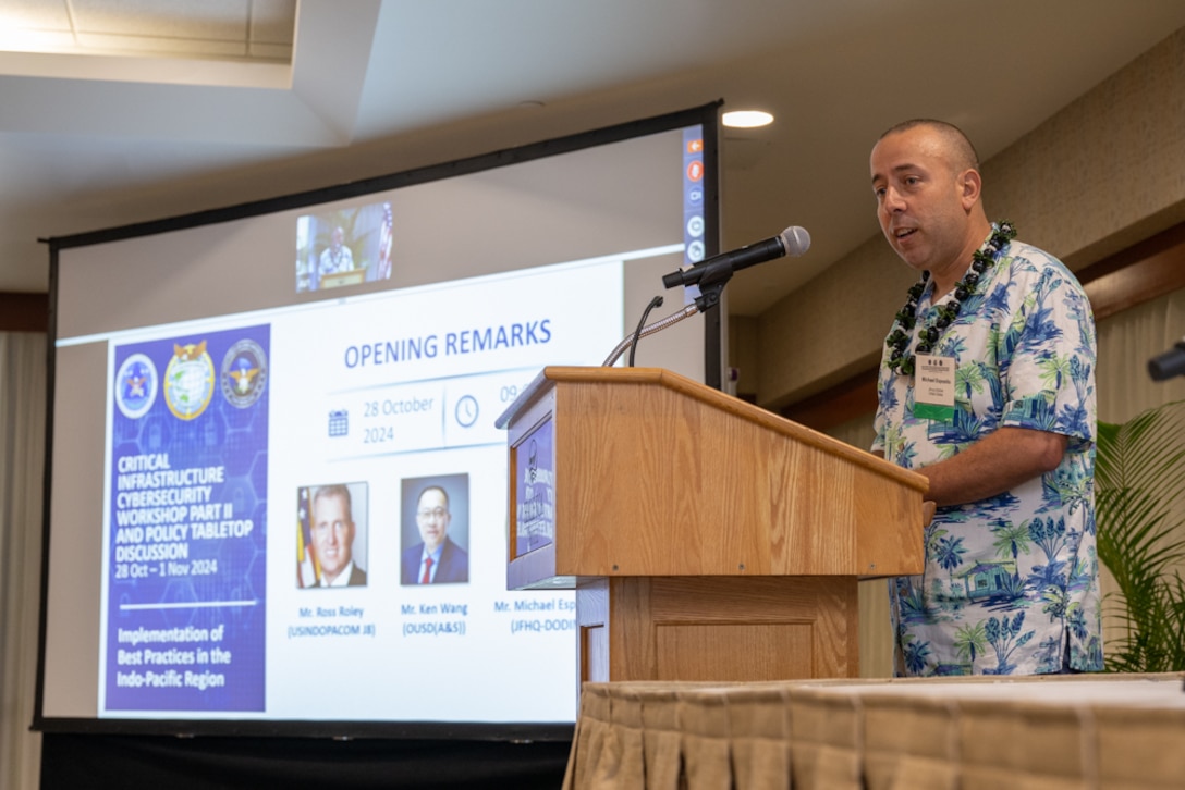 Michael Esposito, Director of Training, Exercises and Readiness for Joint Force Headquarters - Department of Defense Information Network, addresses the Indo-Pacific Critical Infrastructure Workshop Part II and Policy Tabletop Discussion at the Hale Koa Hotel, Honolulu, HI on October 28th, 2024.