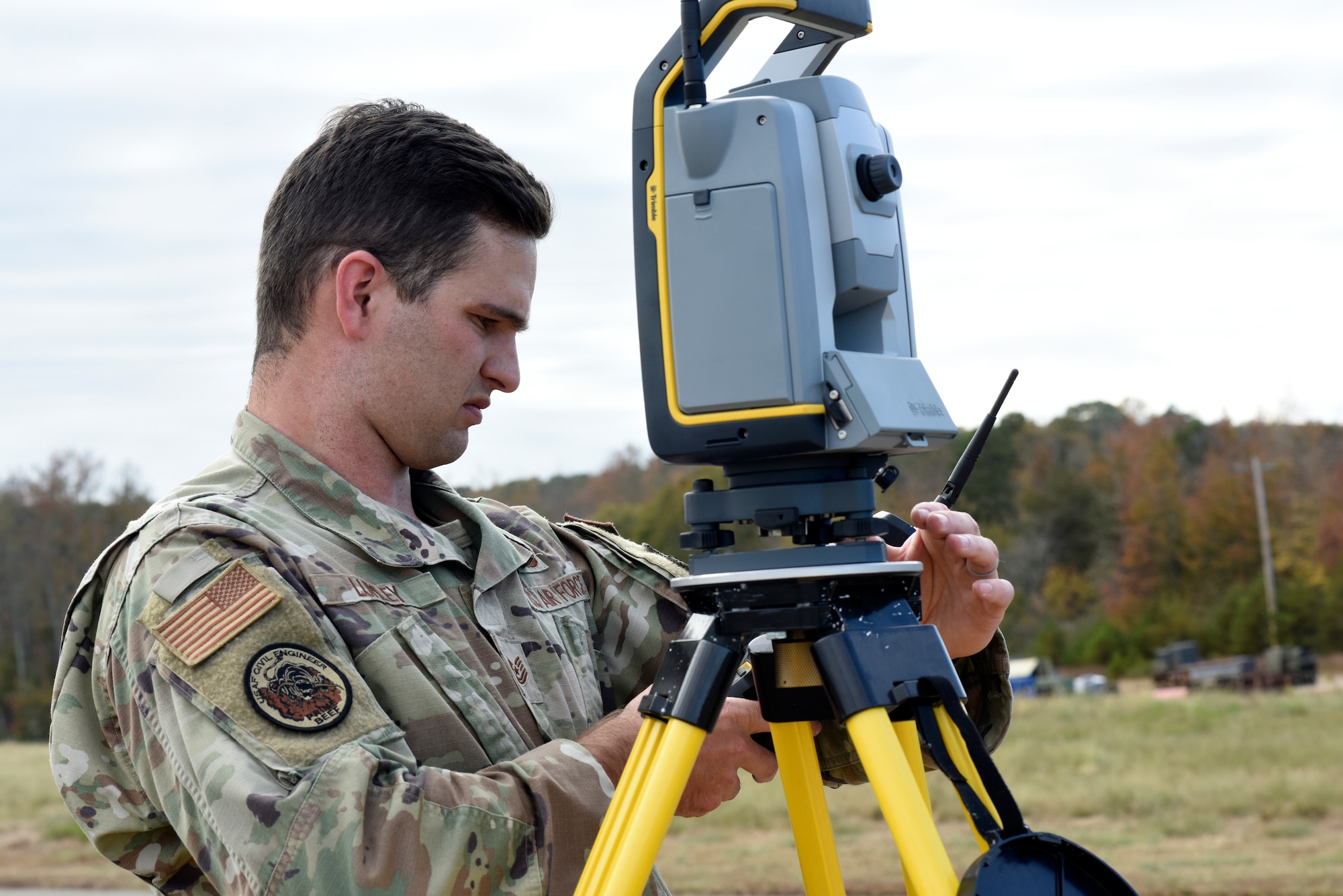 U.S. Air Force Tech. Sgt. Keegan Lumley, 145th Civil Engineering Squadron engineering assistant, readies a site for a Mobile Aircraft Arresting System during a Combat Readiness Inspection (CRI) held at the North Carolina Air National Guard (NCANG) Regional Training Site (RTS), Stanly County, Nov. 2, 2024.