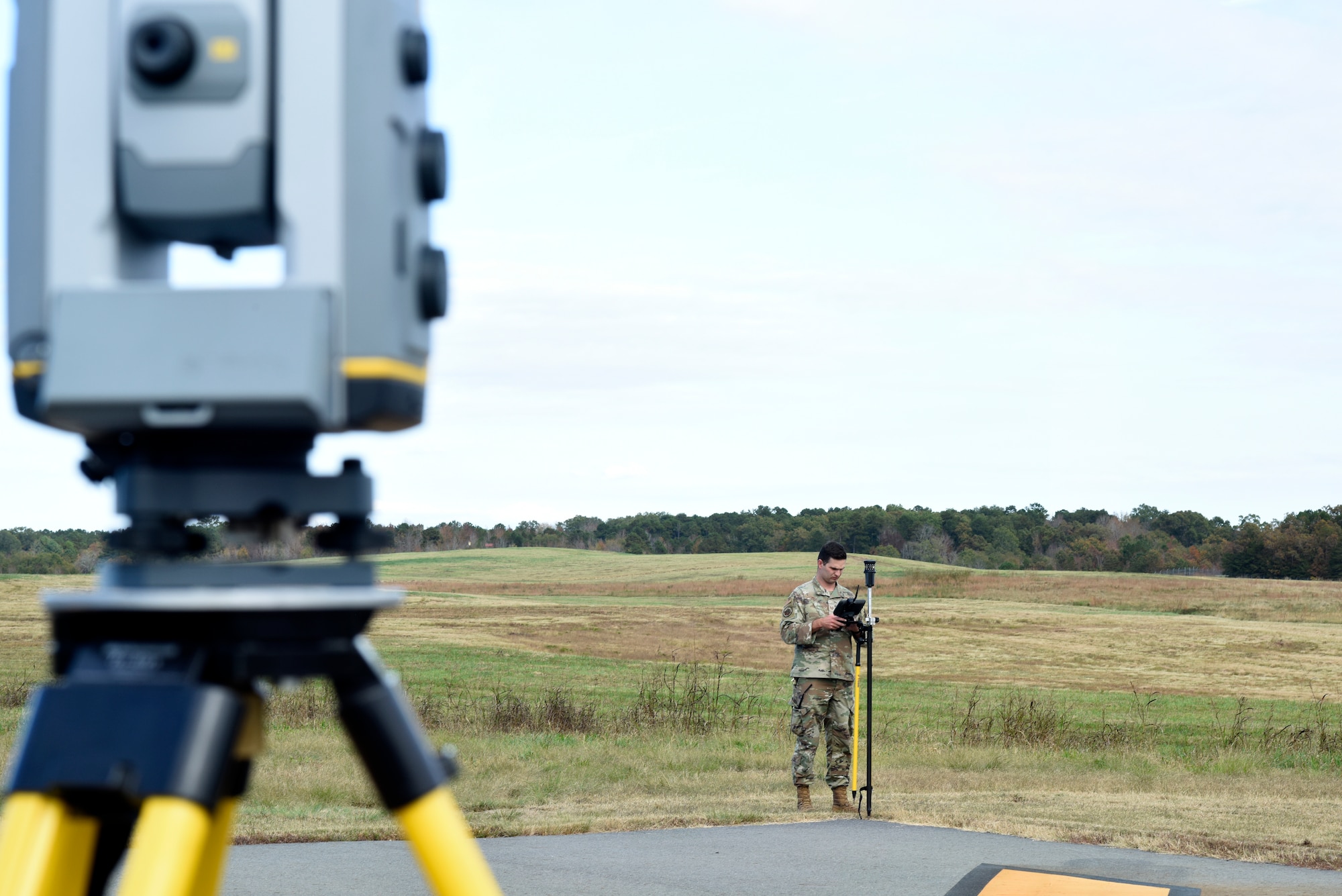 U.S. Air Force Tech. Sgt. Keegan Lumley, 145th Civil Engineering Squadron engineering assistant, readies a site for a Mobile Aircraft Arresting System during a Combat Readiness Inspection (CRI) held at the North Carolina Air National Guard (NCANG) Regional Training Site (RTS), Stanly County, Nov. 2, 2024.