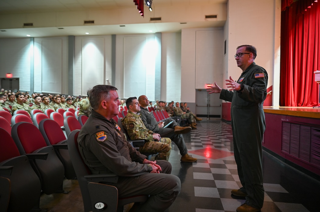 Col. Douglas C. Jeffrey, IV, 433rd Airlift Wing commander, speaks to hundreds of Reserve Citizen Airmen during a wing stand-up session at the Bob Hope Theatre at Joint Base San Antonio-Lackland Nov. 2, 2024.