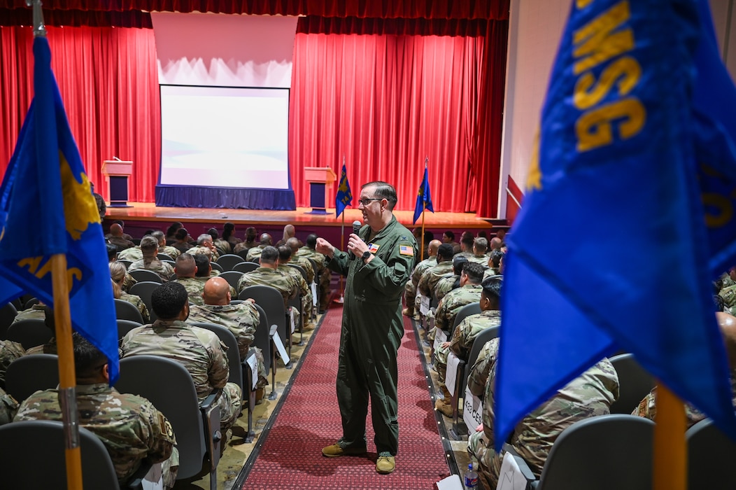 Col. Douglas C. Jeffrey, IV, 433rd Airlift Wing commander, speaks during one of the three wing stand-up sessions at the Bob Hope Theatre on Joint Base San Antonio-Lackland, Texas Nov. 2, 2024.