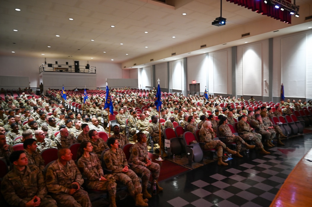 Hundreds of 433rd Airlift Wing Reserve Citizen Airmen attend a wing stand-up meeting to watch a presentation about risk management and operational discipline at the Bob Hope Theatre on Joint Base San Antonio-Lackland, Texas Nov. 2, 2024.