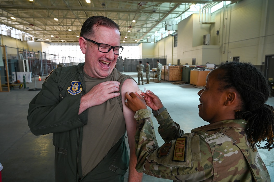 Col. Douglas C. Jeffrey, IV, 433rd Airlift Wing commander, receives his annual flu shot from 433rd Medical Group personnel at a mobile clinic on Joint Base San Antonio-Lackland, Texas, Nov. 2, 2024.