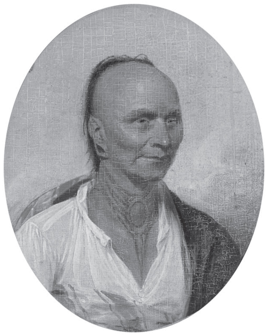 A painting depicts a Native American.