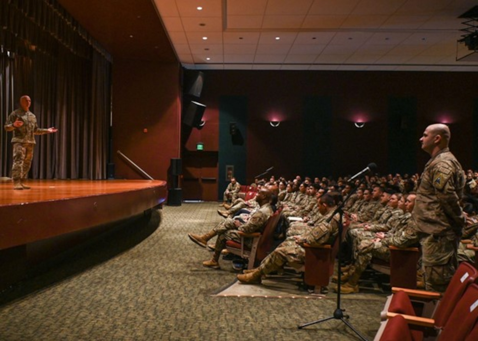 Chief Master Sergeant of the Air Force David Flosi answers questions from a 30th Security Forces Squadron response force leader, during an all call at Vandenberg Space Force Base.