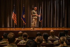 Chief Master Sergeant of the Air Force David Flosi speaks to Guardians and Airmen during an all call at Vandenberg Space Force Base.