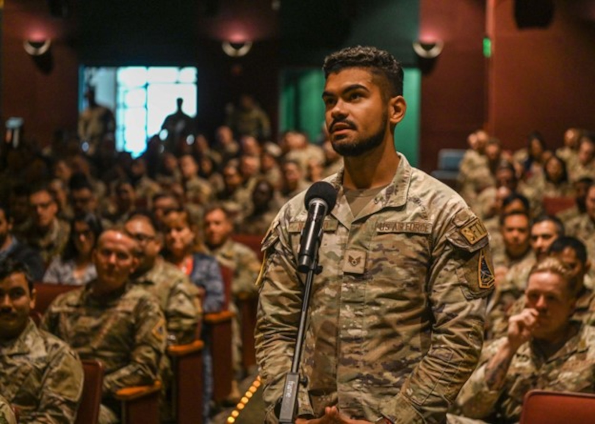A Space Launch Delta 30 Safety occupational safety specialist, asks Chief Master Sergeant of the Air Force David Flosi a question during an all call at Vandenberg Space Force Base.