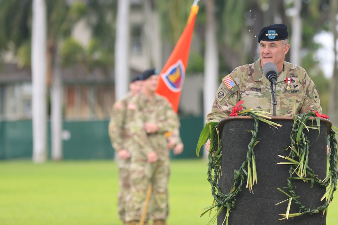 U.S. Army Gen. Charles A. Flynn, outgoing commanding general of U.S. Army Pacific, gives remarks during retirement ceremony at Fort Shafter, Hawaii, Nov 8, 2024.  Flynn, served as the USARPAC commander since June 2021.