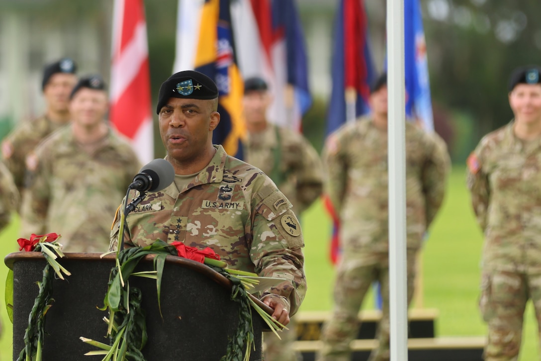 Gen. Ronald P. Clark, incoming U.S. Army Pacific commanding general, gives remarks at the change of command ceremony at Fort Shafter, Hawaii, Nov. 8, 2024. Clark assumes command of  U.S. Army Pacific.  (U.S. Army photo by Staff. Sgt. Shanae Sable Garrett)