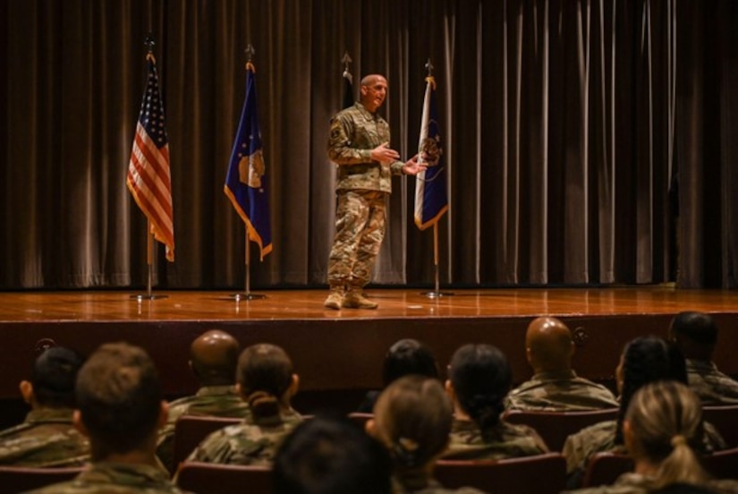 Chief Master Sergeant of the Air Force David Flosi speaks to Guardians and Airmen during an all call at Vandenberg Space Force Base.