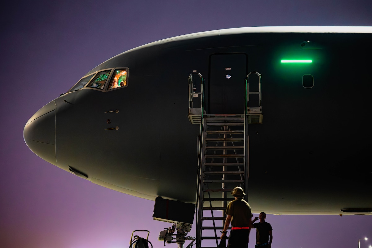 A U.S. Air Force KC-46A Pegasus assigned to the 305th Expeditionary Air Refueling Squadron sits on a flightline