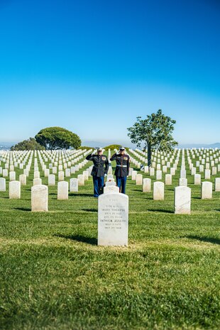 U.S. Marine Corps Col. Jason S. Freeby, the battalion commander of Headquarters and Service Battalion, left, and Sgt. Maj. Thomas A. Bachman, the sergeant major of Headquarters and Service Battalion, right, render a salute to the headstone of former Sergeant Major of the Marine Corps, Sgt. Maj. Leland D. Crawford, at Fort Rosecrans National Cemetery, San Diego, California, Nov. 10, 2024. The wreath laying ceremonies are a continuing part of the Marine Corps birthday tradition and honor the service to Corps and Country. (U.S. Marine Corps photo by Cpl. Francisco Angel)