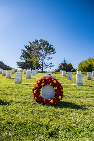 A wreath lays upon the headstone of former Sergeant Major of the Marine Corps, Sgt. Maj. Leland D. Crawford, at Fort Rosecrans National Cemetery, San Diego, California, Nov. 10, 2024. The wreath laying ceremonies are a continuing part of the Marine Corps birthday tradition and honor the service to Corps and Country. (U.S. Marine Corps photo by Cpl. Francisco Angel)