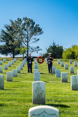 U.S. Marine Corps Col. Jason S. Freeby, the battalion commander of Headquarters and Service Battalion, left, and Sgt. Maj. Thomas A. Bachman, the sergeant major of Headquarters and Service Battalion, right, pause for a moment of silence for former Sergeant Major of the Marine Corps, Sgt. Maj. Leland D. Crawford, at Fort Rosecrans National Cemetery, San Diego, California, Nov. 10, 2024. The wreath laying ceremonies are a continuing part of the Marine Corps birthday tradition and honor the service to Corps and Country. (U.S. Marine Corps photo by Cpl. Francisco Angel)