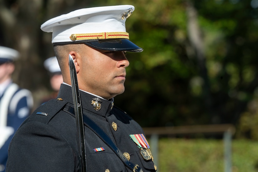 An honor guardsman stands at attention with a sword pointing up.