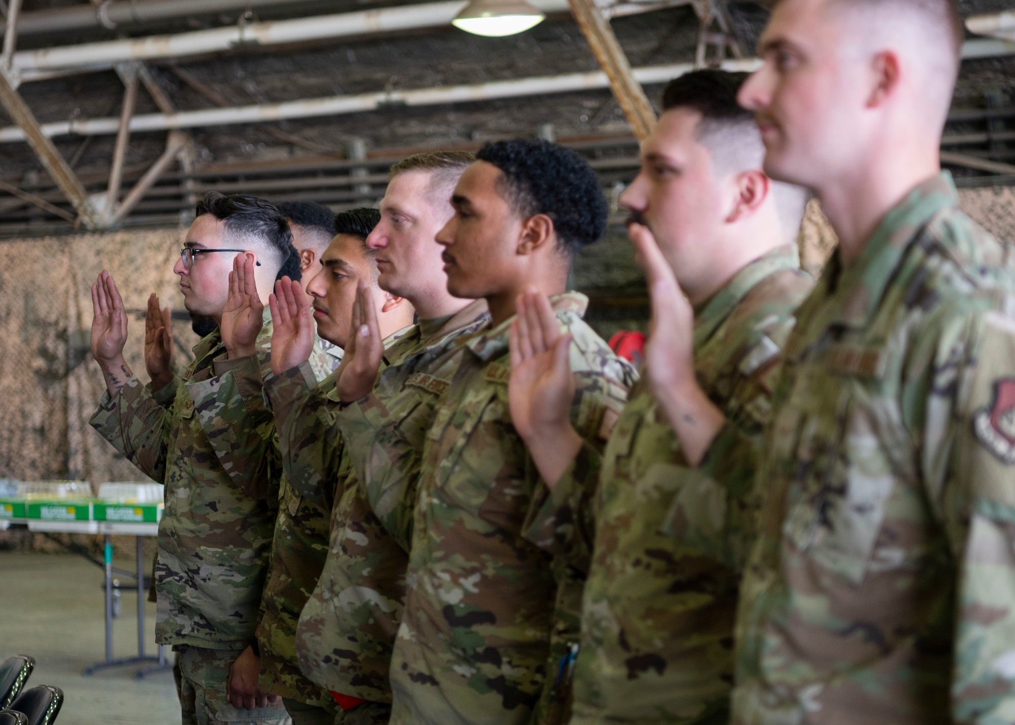 Newly appointed dedicated crew chiefs recite the mechanic’s creed during a Dedicated Crew Chief Ceremony at Osan Air Base, Republic of Korea, Oct. 25, 2024. The DCCs and pilots work together to ensure the aircraft they are responsible for gets safely in the air and back on the ground. Their symbiotic relationship is another reason the 36th Fighter Squadron and 36th Fighter Generation Squadron are always ready to “Fight Tonight” and defend the peninsula. (U.S. Air Force photo by Staff Sgt. Ashley N. Mikaio)