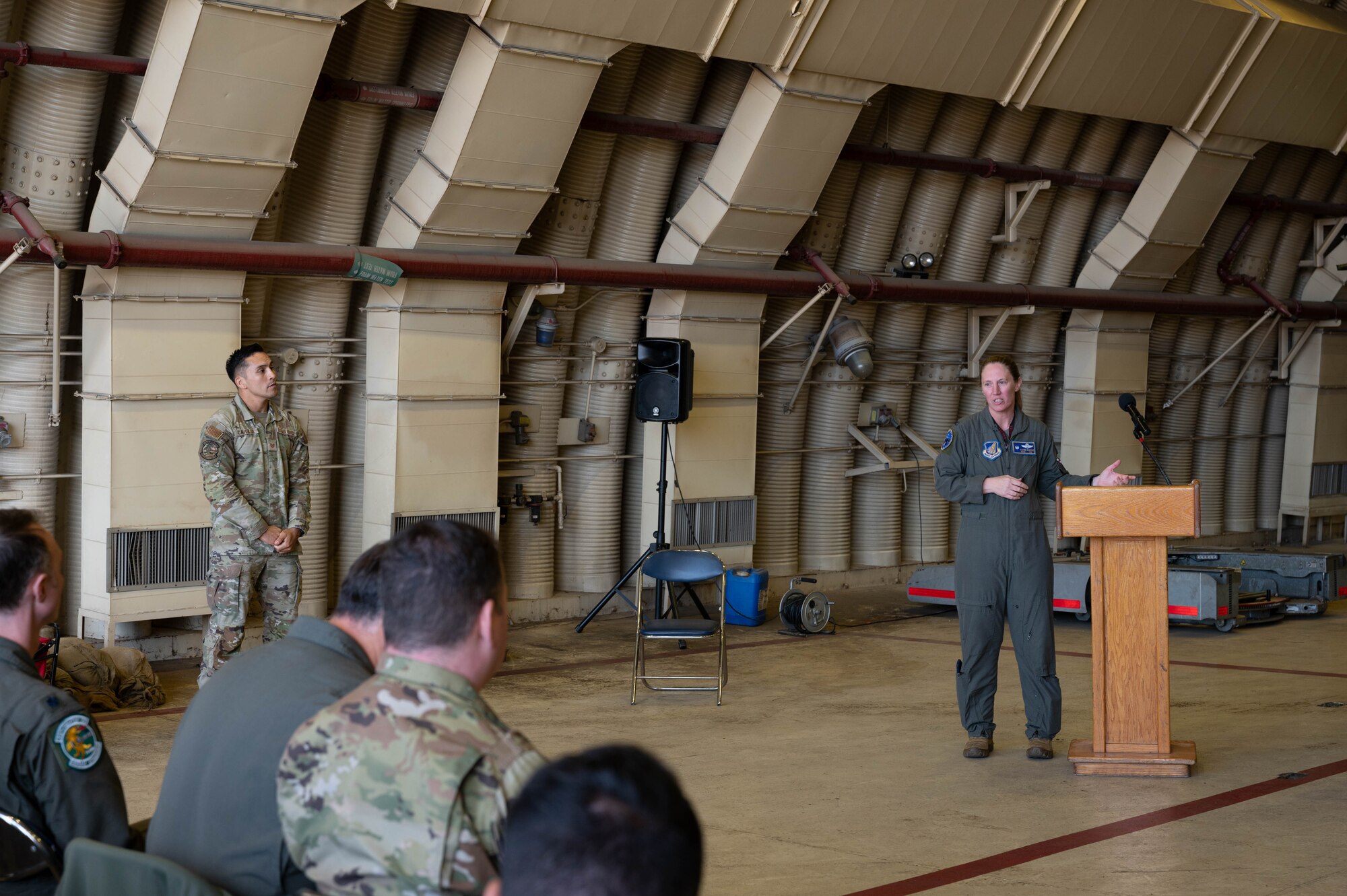 U.S. Air Force Col. Kathryn Gaetke, 51st Operations Group commander, speaks during the 25th Fighter Generation Squadron Dedicated Crew Chief Ceremony at Osan Air Base, Republic of Korea, Nov. 4, 2024. A dedicated crew chief ceremony is to directly assign a maintenance person to each aircraft to provide continuity of aircraft forms, aircraft status, scheduled maintenance and improve aircraft appearance. (U.S. Air Force photo by Staff Sgt. Christopher Tam)