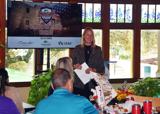 SAN ANTONIO – (Nov. 7, 2024) – Retired Navy Capt. Gail Hathaway, former commander of Naval Medicine Education and Training Command, now Naval Medical Forces Development Command, was the moderator of the annual Women in the Military Luncheon at SeaWorld. The event, hosted by the Greater San Antonio Chamber of Commerce and its sponsors, provided attendees the opportunity to hear from Navy Capt. Neva Fuentes, Nurse Corps, dean of Academic Affairs, Medical Education and Training Campus (METC); Marine Gunnery Sgt. Jocelyn Lopez, staff non-commissioned officer-in-charge, Marine Recruiting Sub-Station (RSS) De Zavala; and Coast Guard Petty Officer 3rd Class Liana Sanchez assigned to the Coast Guard Cryptologic Unit Texas (CGCU-TX).  Since 1970, the San Antonio Chamber of Commerce has organized CAM as an annual tribute to the military in San Antonio, also known as Military City USA. The two-week celebration, held during the first few weeks of November, features more than a dozen events, proudly presented with community partners, making it the largest event of its kind nationwide. (U.S. Navy photo by Burrell D. Parmer, NAMRU San Antonio Public Affairs/Released)