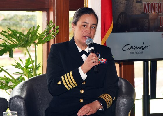 SAN ANTONIO – (Nov. 7, 2024) – Navy Capt. Neva Fuentes, Nurse Corps, dean of Academic Affairs, Medical Education and Training Campus (METC), shared her experience as a woman serving in the U.S. Navy at the Women in the Military Luncheon held in support of Celebrate America’s Military (CAM) at SeaWorld. The event, hosted by the Greater San Antonio Chamber of Commerce and its sponsors, provided attendees the opportunity to hear from Fuentes along with Marine Gunnery Sgt. Jocelyn Lopez, staff non-commissioned officer-in-charge, Marine Recruiting Sub-Station (RSS) De Zavala; and Coast Guard Petty Officer 3rd Class Liana Sanchez assigned to the Coast Guard Cryptologic Unit Texas (CGCU-TX). Since 1970, the San Antonio Chamber of Commerce has organized CAM as an annual tribute to the military in San Antonio, also known as Military City USA. The two-week celebration, held during the first few weeks of November, features more than a dozen events, proudly presented with community partners, making it the largest event of its kind nationwide. (U.S. Navy photo by Burrell D. Parmer, NAMRU San Antonio Public Affairs/Released)