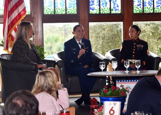 SAN ANTONIO – (Nov. 7, 2024) – Coast Guard Petty Officer 3rd Class Liana Sanchez assigned to the Coast Guard Cryptologic Unit Texas (CGCU-TX), shared her experience as a woman serving in the U.S. Coast Guard at the Women in the Military Luncheon held in support of Celebrate America’s Military (CAM) at SeaWorld. The event, hosted by the Greater San Antonio Chamber of Commerce and its sponsors, provided attendees the opportunity to hear from Sanchez along with Navy Capt. Neva Fuentes, Nurse Corps, dean of Academic Affairs, Medical Education and Training Campus (METC) and Marine Gunnery Sgt. Jocelyn Lopez, staff non-commissioned officer-in-charge, Marine Recruiting Sub-Station (RSS) De Zavala. Since 1970, the San Antonio Chamber of Commerce has organized CAM as an annual tribute to the military in San Antonio, also known as Military City USA. The two-week celebration, held during the first few weeks of November, features more than a dozen events, proudly presented with community partners, making it the largest event of its kind nationwide. (U.S. Navy photo by Burrell D. Parmer, NAMRU San Antonio Public Affairs/Released)