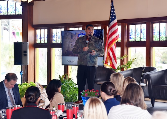 SAN ANTONIO – (Nov. 7, 2024) – Marine Veteran Richard Delgado, the 2024 chairman of Celebrate America’s Military, speaks to guest of the annual Women in the Military Luncheon held in support of Celebrate America’s Military (CAM) at SeaWorld. The event, hosted by the Greater San Antonio Chamber of Commerce and its sponsors, provided attendees the opportunity to hear from Navy Capt. Neva Fuentes, Nurse Corps, dean of Academic Affairs, Medical Education and Training Campus (METC); Marine Gunnery Sgt. Jocelyn Lopez, staff non-commissioned officer-in-charge, Marine Recruiting Sub-Station (RSS) De Zavala; and Coast Guard Petty Officer 3rd Class Liana Sanchez assigned to the Coast Guard Cryptologic Unit Texas (CGCU-TX).  Since 1970, the San Antonio Chamber of Commerce has organized CAM as an annual tribute to the military in San Antonio, also known as Military City USA. The two-week celebration, held during the first few weeks of November, features more than a dozen events, proudly presented with community partners, making it the largest event of its kind nationwide. (U.S. Navy photo by Burrell D. Parmer, NAMRU San Antonio Public Affairs/Released)