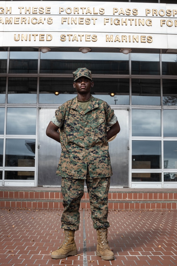 U.S. Marine Pvt. Nathan Lamb poses for a photo at Marine Corps Recruiting Depot Parris Island S.C., on Oct. 28, 2024. Lamb is a native from Jamaica. (U.S. Marine Corps photo by Lance Cpl. Jordy Morales)