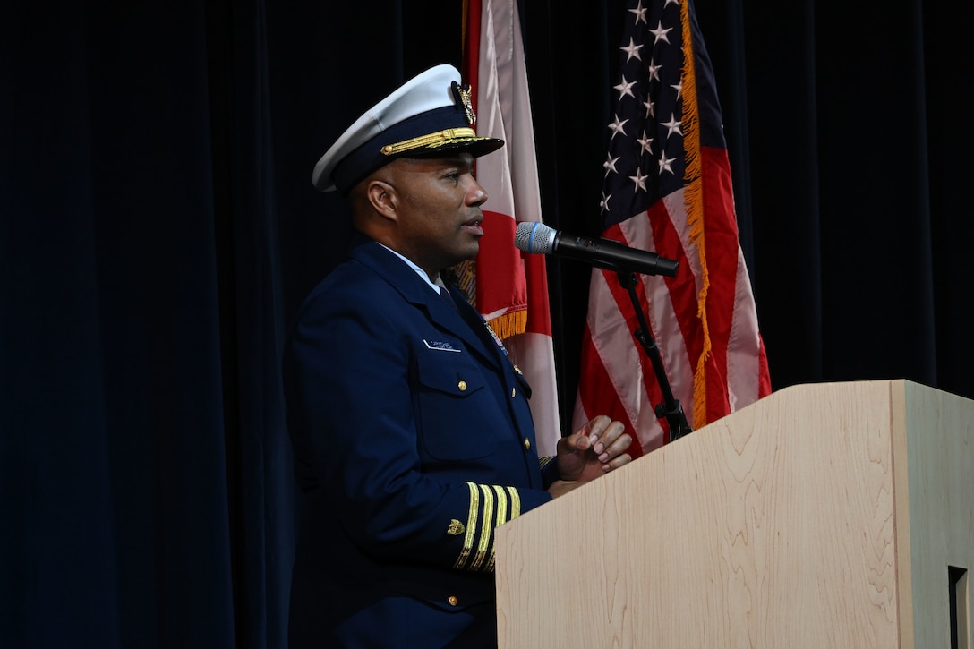 Coast Guard Capt. Willie Carmichael, chief of staff of Coast Guard Seventh District, addresses guests during the Coast Guard Junior Reserve Officers' Training Corps (JROTC) unit establishment ceremony at Innovation High School Orlando, Florida, Nov. 8, 2024. Innovation High School’s Coast Guard JROTC unit is the 12th in the nation and is the largest to-date, with over 190 cadets enrolled in the inaugural semester.    (U.S. Coast Guard photo by Petty Officer 1st Class Riley Perkofski)