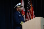 Coast Guard Capt. Willie Carmichael, chief of staff of Coast Guard Seventh District, addresses guests during the Coast Guard Junior Reserve Officers' Training Corps (JROTC) unit establishment ceremony at Innovation High School Orlando, Florida, Nov. 8, 2024. Innovation High School’s Coast Guard JROTC unit is the 12th in the nation and is the largest to-date, with over 190 cadets enrolled in the inaugural semester.    (U.S. Coast Guard photo by Petty Officer 1st Class Riley Perkofski)