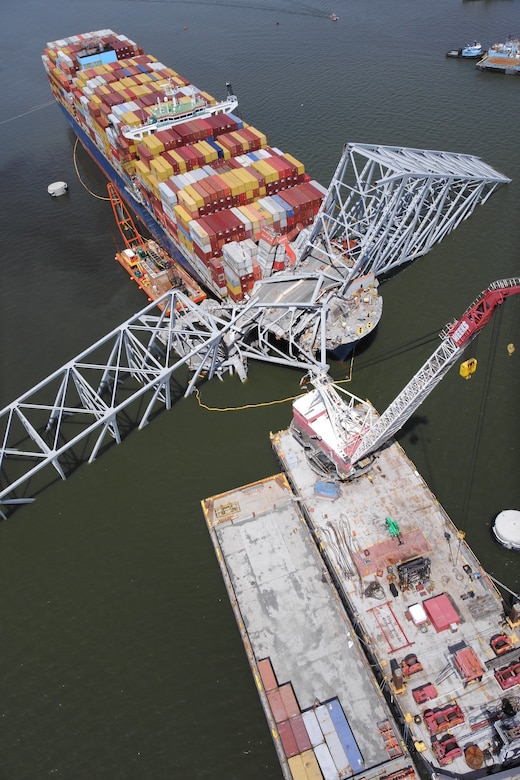 U.S. Army Geospatial Center’s (AGC) Buckeye High Resolution 3-Dimensional (HR3D) aerial imagery of the Francis Scott Key Bridge (courtesy of AGC’s Warfighter Support Team)