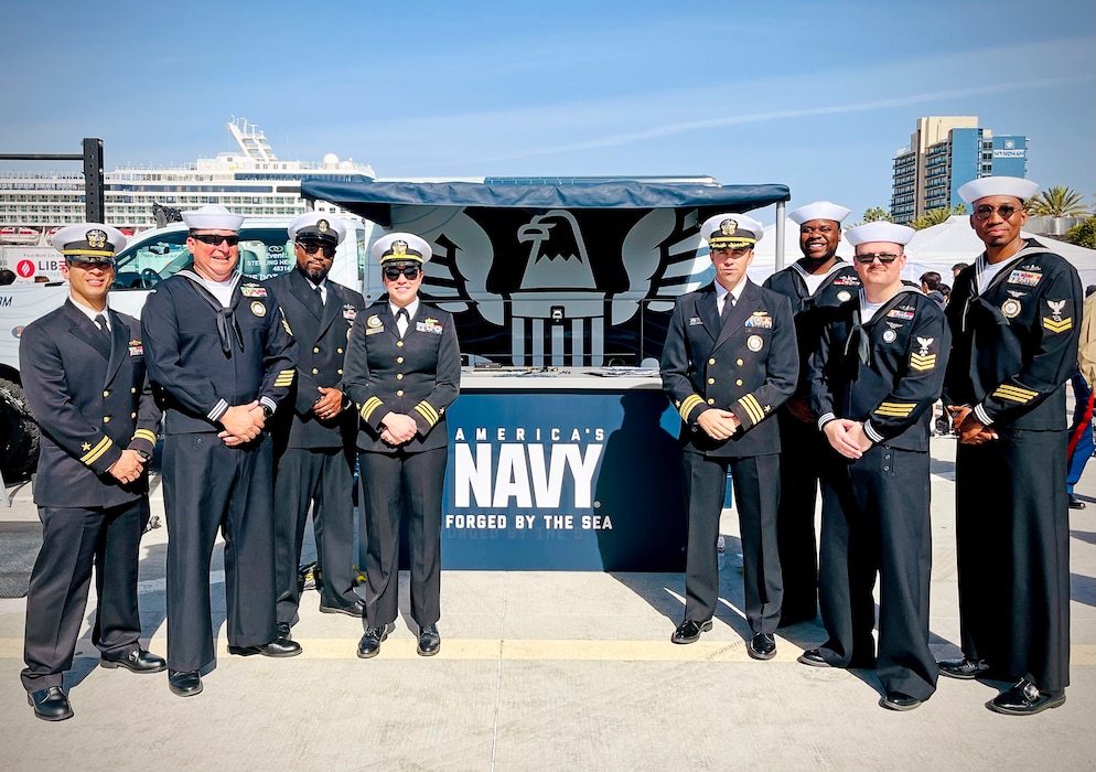 Navy Sailors from Talent Acquisition Groups Southwest and Reserve Southwest at Broadway Pier, Fleet Week San Diego 2024. The Navy showcases 'Strike Group,' a mobile mixed-reality experience highlighting Navy STEM careers.