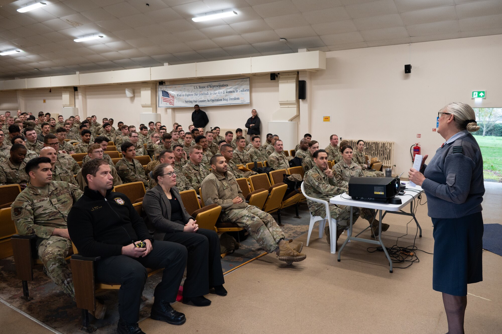 Royal Air Force Sq. Ldr. Jayne Robertson, RAF commander for RAF Fairford, speaks to deployed Airmen