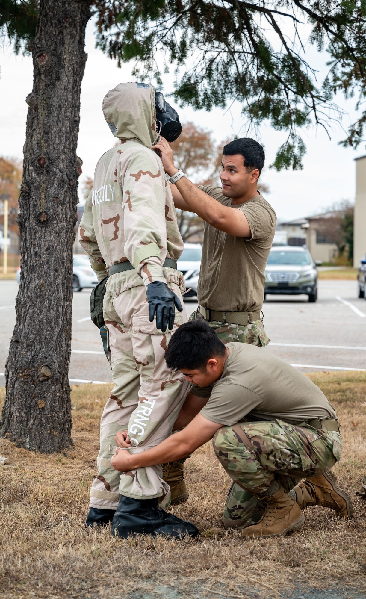 Members from the 436th Logistics Readiness Squadron inspect an Airman’s Mission-Oriented Protective Posture gear during the LRS Mission Ready Airman Rodeo at Dover Air Force Base, Delaware, Nov. 7, 2024. The Rodeo consisted of three events intended to prepare Airmen for the future fight and meet MRA qualifications in a competitive, engaging and safe competition. (U.S. Air Force photo by Senior Airman Amanda Jett)