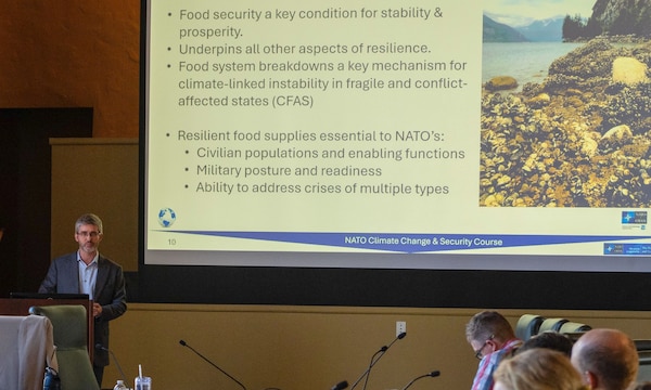 Paul Rushton, the NATO co-lead for the course, addressed how climate change threatens food security, which can propel “fragile and conflict-affected” countries into further instability.