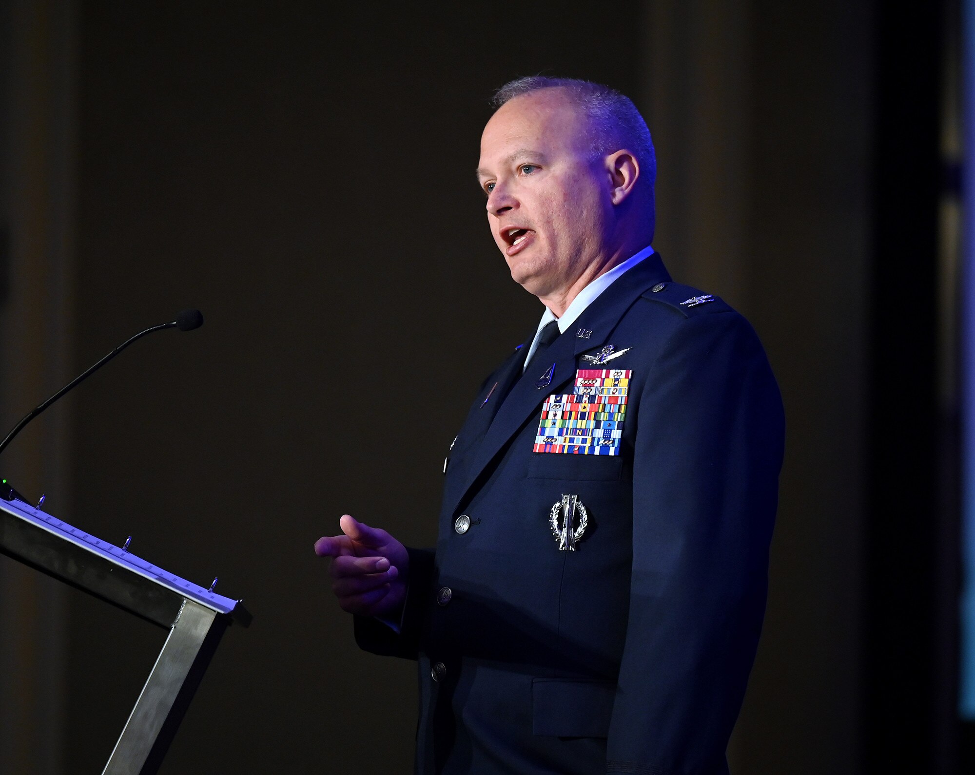 U.S. Space Force Col. Bryan Dutcher, Commander of Space Delta 13, offers a briefing titled, “Guardian Development through Investment” at the Space Training and Readiness Command Partnership Days event in Reston, Va., Oct. 31, 2024.