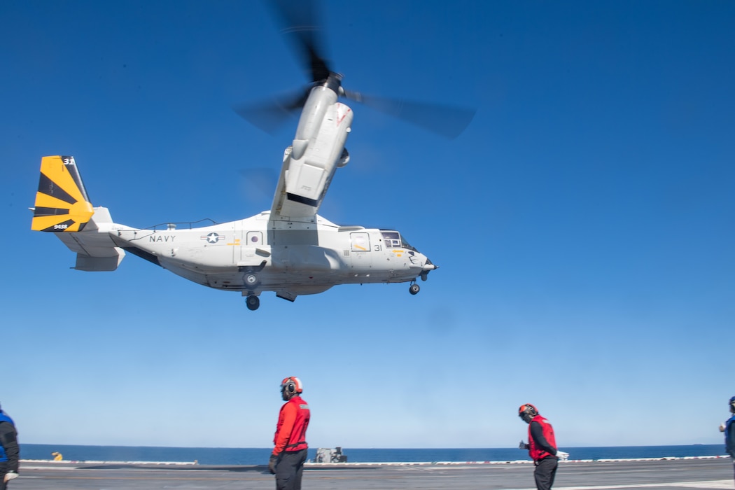 A CMV-22 Osprey assigned to VRM-30 takes off from USS Ronald Reagan (CVN 76) while underway in the U.S. 3rd Fleet area of operations.