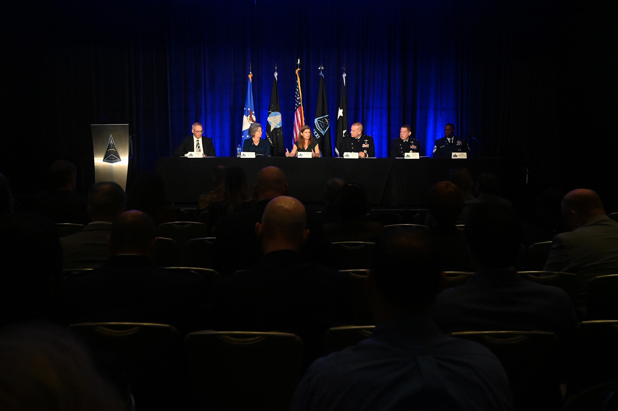 Panel members including U.S. Space Force Maj. Gen. Timothy Sejba, center right, Commander of Space Training and Readiness Command, and Ms. Katharine Kelley, center left, Deputy Chief of Space Operations for Human Capital, take part in a discussion at the Space Training and Readiness Command Partnership Days event in Reston, Va., Oct. 31, 2024.