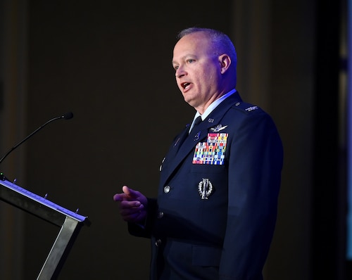 U.S. Space Force Col. Bryan Dutcher, Commander of Space Delta 13, offers a briefing titled, “Guardian Development through Investment” at the Space Training and Readiness Command Partnership Days event in Reston, Va., Oct. 31, 2024.