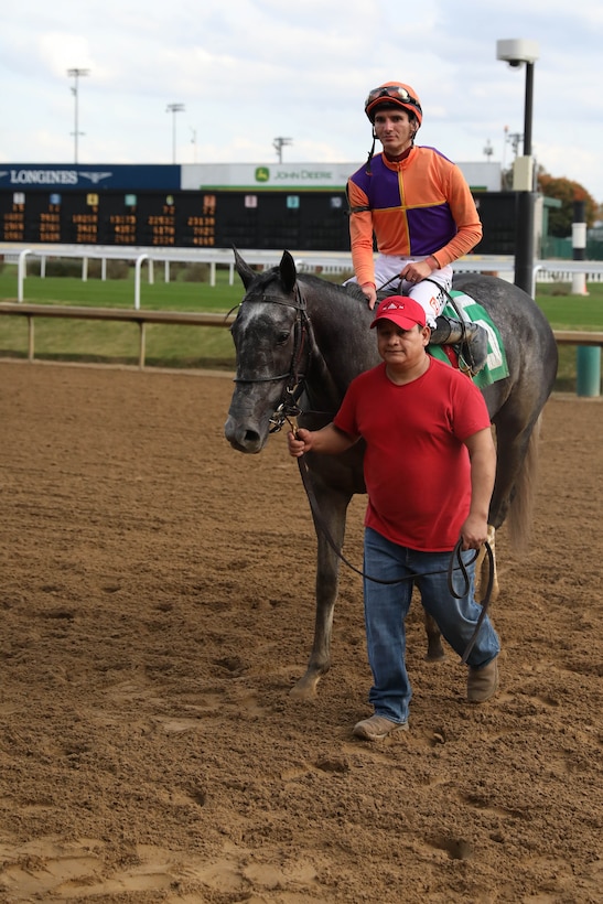 The winning horse of the Survivors' Day Outreach race was led into the Woodford Reserve Winner's Circle by its trainer and jockey at Churchill Downs in Louisville, Kentucky, Nov. 3, 2024. The United States Army Survivor Outreach Services team partners with Churchill Downs each year for this event.