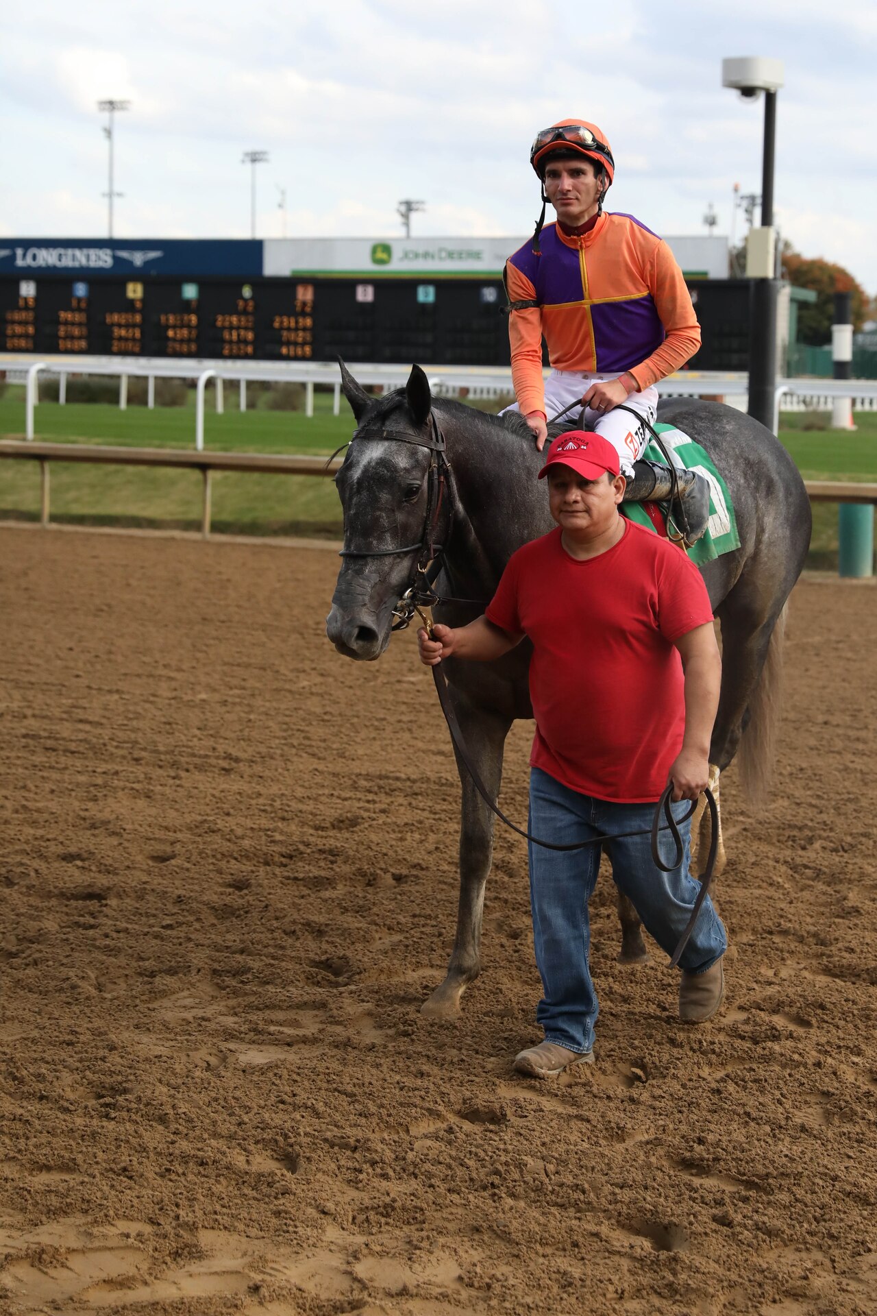 The winning horse of the Survivors' Day Outreach race was led into the Woodford Reserve Winner's Circle by its trainer and jockey at Churchill Downs in Louisville, Kentucky, Nov. 3, 2024. The United States Army Survivor Outreach Services team partners with Churchill Downs each year for this event.