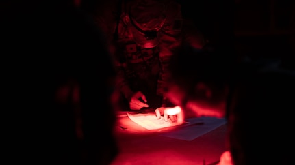 Oklahoma Army National Guard Soldiers participate in a night land navigation course during the Best Warrior Competition at Camp Gruber Training Center, Oklahoma, Nov. 6, 2024. The OKARNG Best Warrior Competition is an annual event designed to test and recognize the skills, endurance and professionalism of the best Soldiers and NCOs within the organization. (Oklahoma National Guard photo by Spc. Cambrie Cannon)