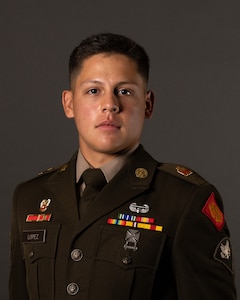 Portrait of Spc. Juan Lopez, a Stillwater, Oklahoma resident serving as a signal operations support specialist in the 1st Battalion, 160th Field Artillery Regiment, 45th Infantry Brigade Combat Team. Lopez competed and won the title of 2025 Oklahoma Army National Guard Soldier of the Year during the 2025 OKARNG Best Warrior Competition held at Camp Gruber Training Center, Oklahoma, Nov. 6-8, 2024. (Oklahoma National Guard photo by Sgt. Haden Tolbert)