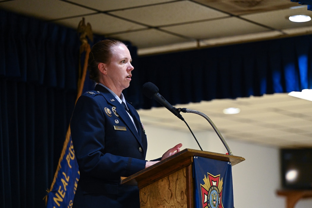 U.S. Air Force Col. Amanda Knotts, 97th Mission Support Group commander, speaks at the VFW Post 4876 at Altus, Oklahoma, Nov. 11, 2024. Knotts shared how serving in the military was a tradition in her family growing up, with her mom and dad both having served in the U.S. Navy. (U.S. Air Force photo by Airman 1st Class Lauren Torres)