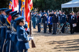 Military members salute facing military flags.