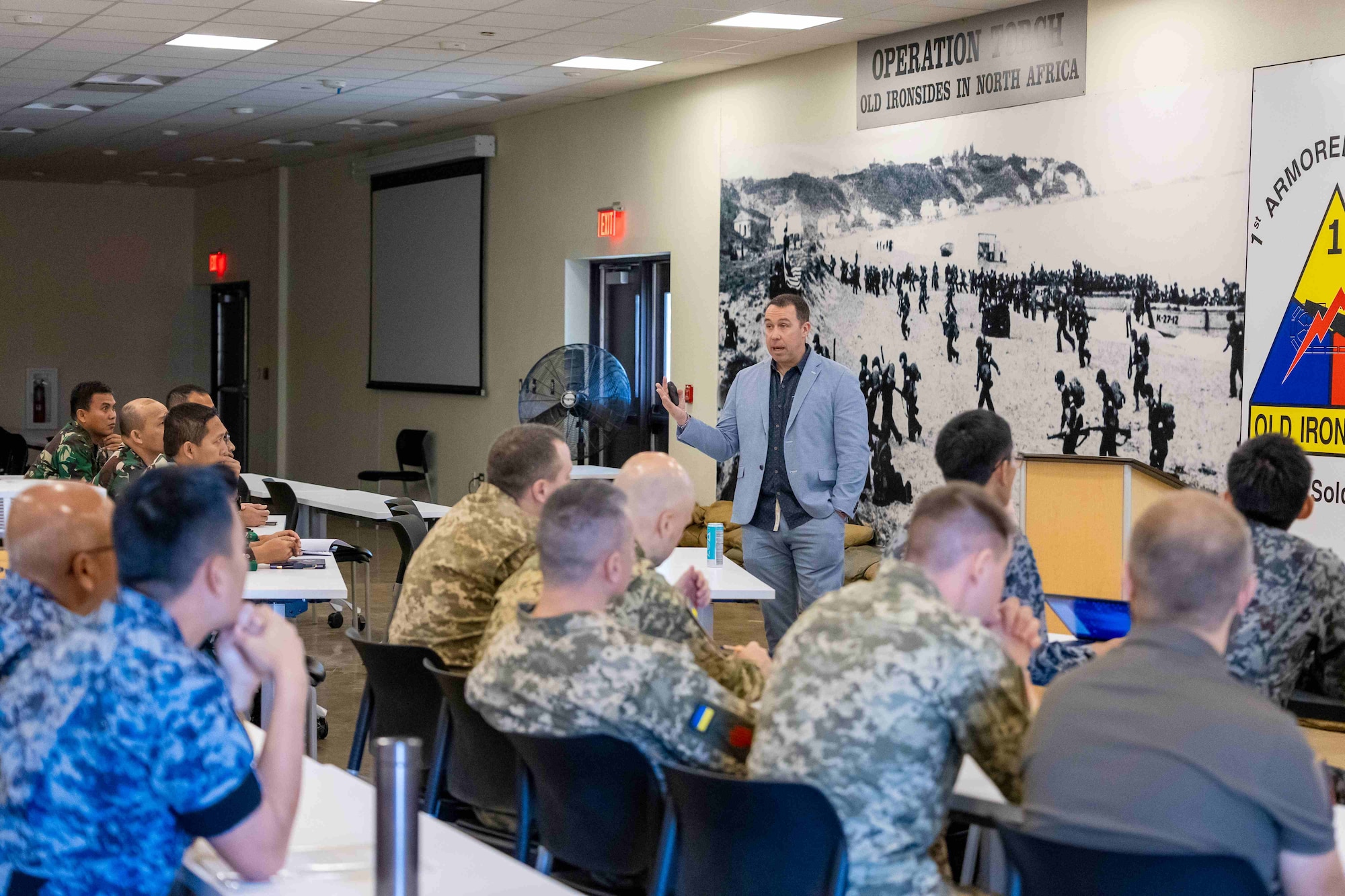 Mr. John Reeves provides academics on the Joint Theater Air and Missile Defense Process to a multilateral audience. The Pacific IAMD Center facilitated 11 nations during the 2024 Multilateral Subject Matter Expert Exchange and Defense Design Workshop from 21-26 October on Fort Bliss, Texas.