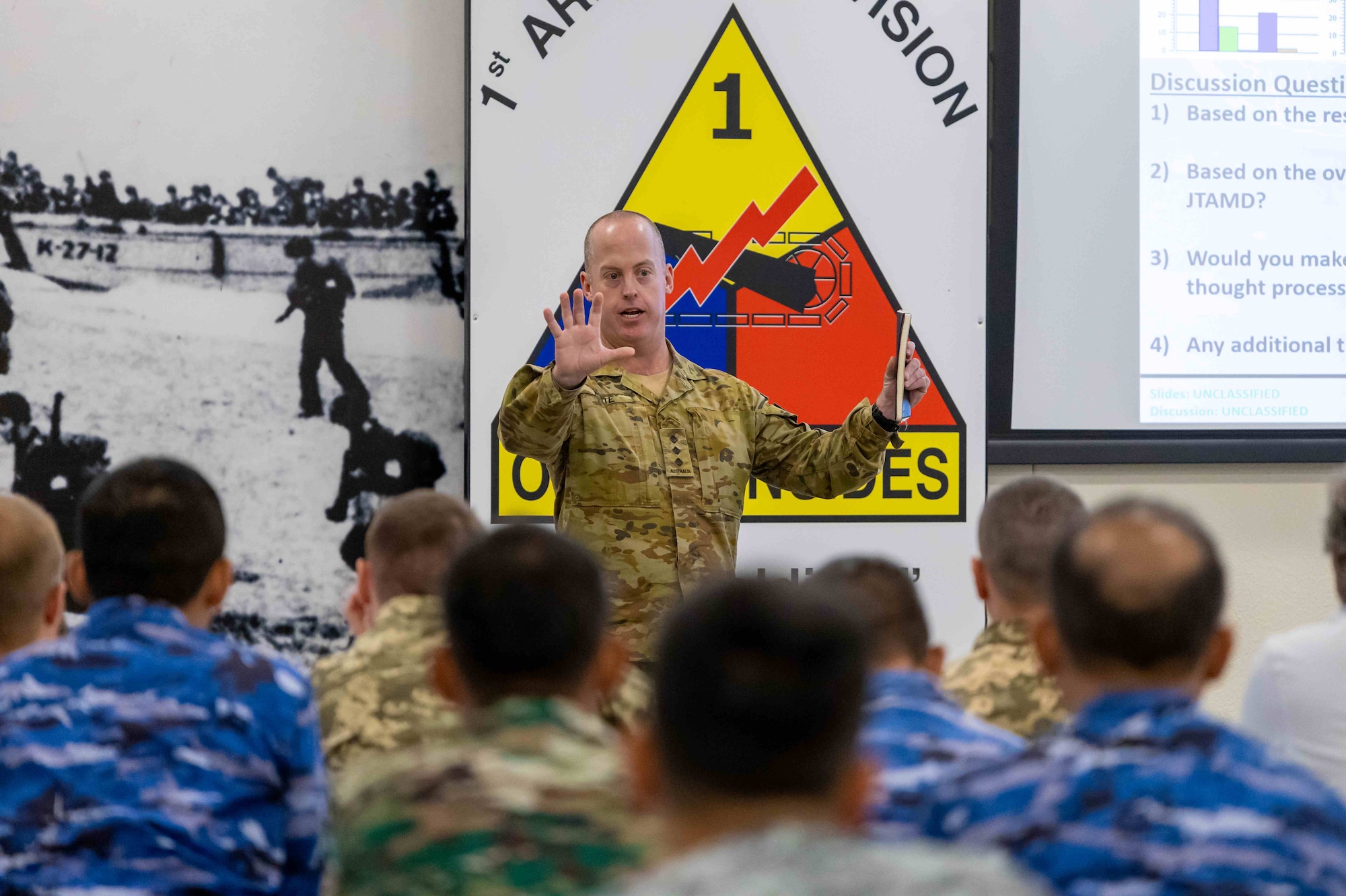CAPT Jason White, 16 Regiment, Royal Australian Artillery, provides a brief to the Multilateral audience. . The Pacific IAMD Center facilitated 11 nations during the 2024 Multilateral Subject Matter Expert Exchange and Defense Design Workshop from 21-26 October on Fort Bliss, Texas.